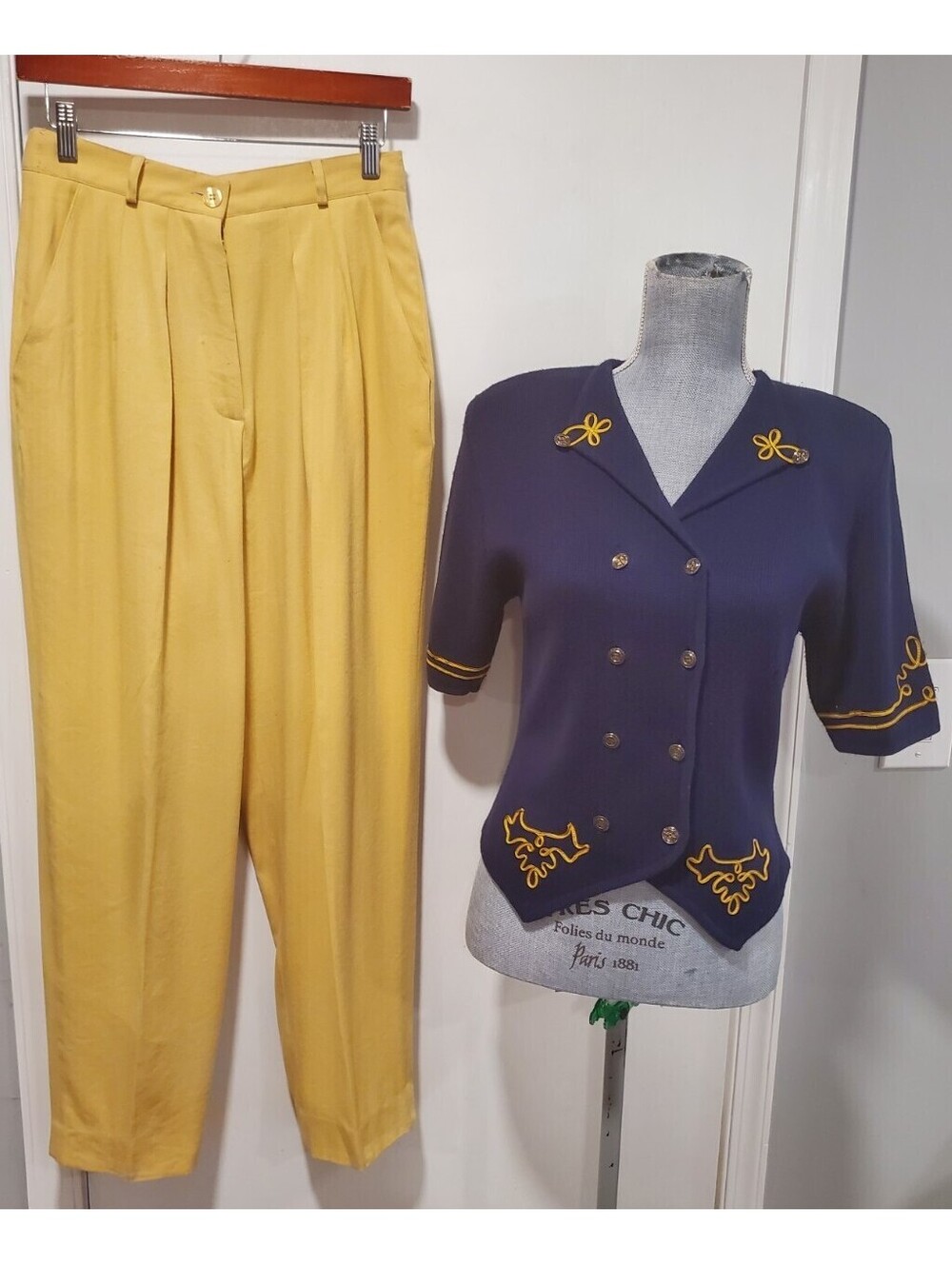 Susan Bristol Small Blue Wool Jacket Yellow High Rise Sz 10 Pants Vintage 90s